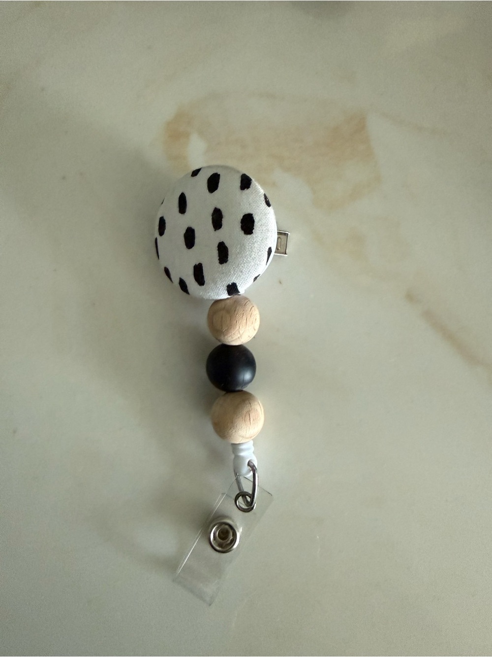 Beaded Boho Badge reel/ID Clip with Black & Natural Wood Beads